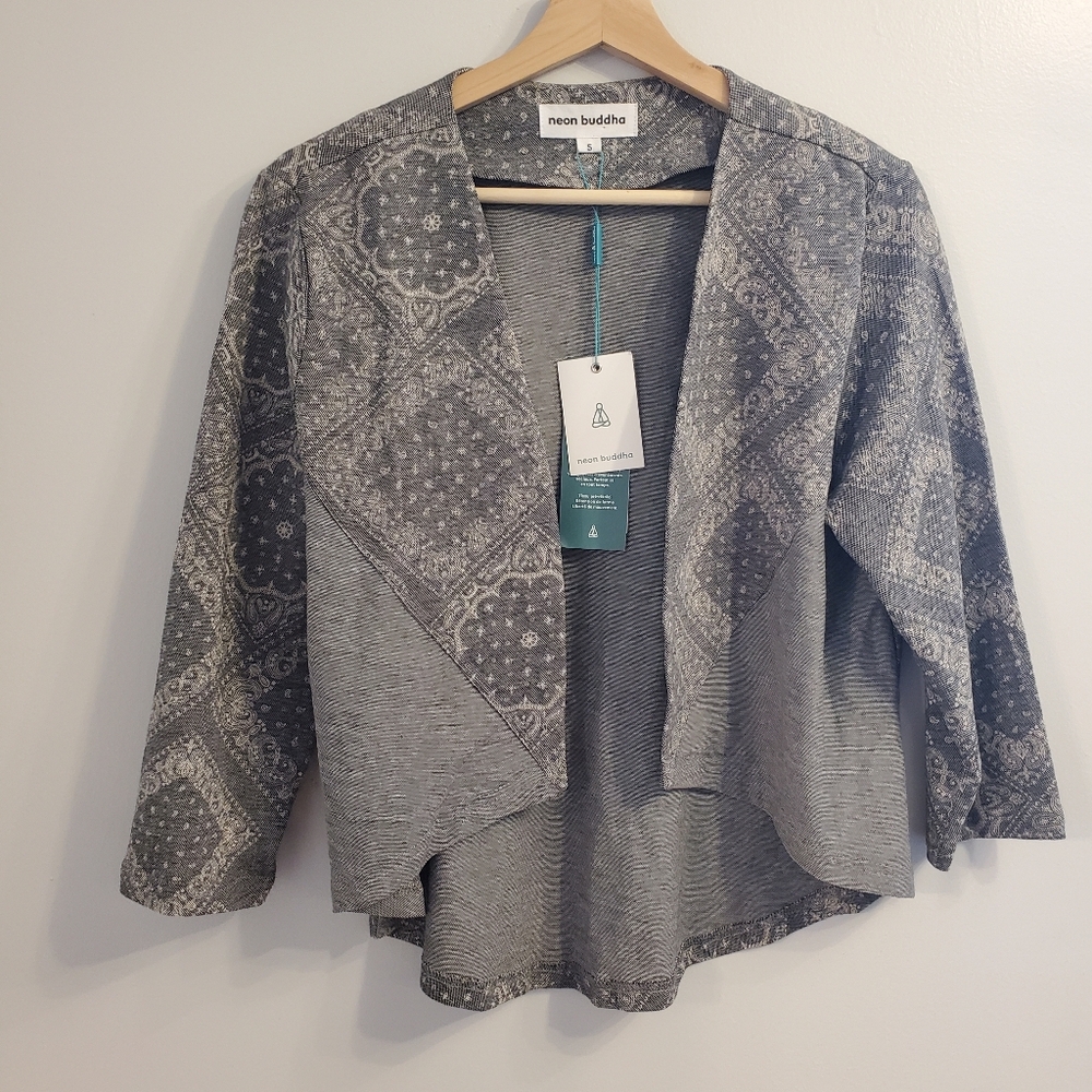 Neon Buddha Small New Cardigan Open Flowy 3/4 Sleeve Grey Boho Paisley Cotton
